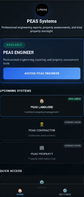 PEAS Engineer app screenshot showing the engineering reporting app